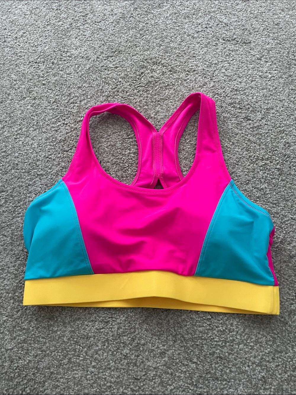 Zaful Colorblock Racerback Swim Top — Hot Pink/Teal/Yellow